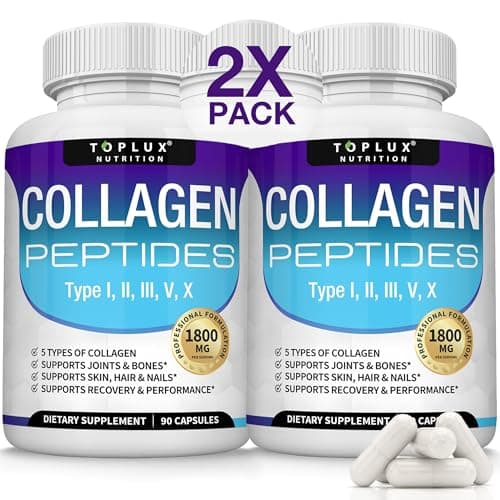 Toplux Multi Collagen Peptides Pills 1800 Mg Complex - Type I, II, III, V, X Premium Collagen Complex for Better Skin & Hair, Strong Joint, Hydrolyzed Protein, for Men Women, 90 Capsules, Supplement