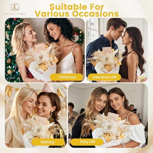 TINGE TIME Preserved Flowers Bouquet, Platinum Faux Rose Bouquets, Eternal Roses Bouquet for Wedding, Table Centerpieces, Mothers Day, Birthday Gifts, Anniversary, Graduation(White & Gold) view 3