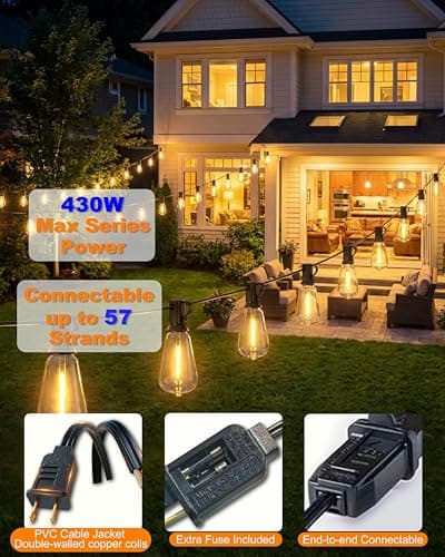Outdoor String Lights 54FT Connectable ST38 Patio Lights Outdoor Waterproof | 15 Shatterproof Edison Bulbs Dimmable Plug-in, 2700K Warm White Hanging Light for Balcony Backyard Garden Porch Party Decor view 3