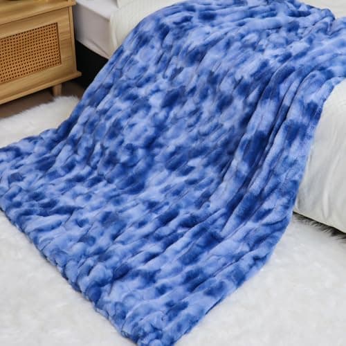 IFNOW Double Sided Ruched Faux Rabbit Fur Throw Blanket for Couch, Ultra Soft Fluffy Mink Blanket, Plush Cozy Home Decor Throw Gifts for Women & Men, 50"x60", TieDyeBlue view 6