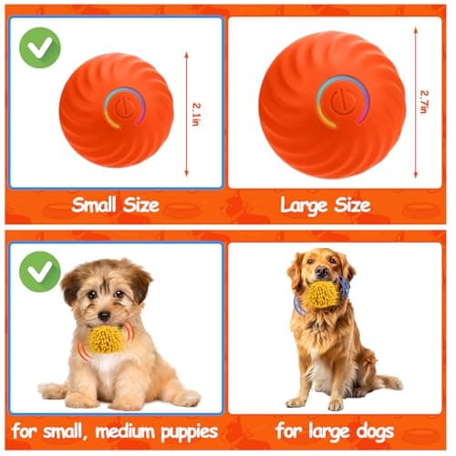 Interactive Dog Toys - Self Rolling Dog Ball with Anti-Chewer Cover for Small/Medium Puppy, Active Motion Activated Toys That Move on its Own, Orange view 3