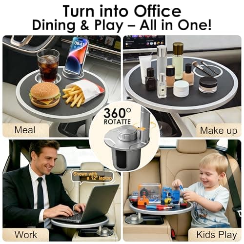 Car Food Tray & Car Table Tray with Car-Grade Aluminum Cup Holder & Phone Stand, Premium Wood with Leather Surface, 360° Rotating Car Desk for Laptop &Eating (Round, Black) view 3