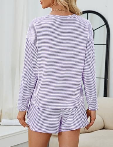 JUSTFASHIONNOW Womens Pajama Sets Striped Two Piece Lounge Sets Long Sleeve Top and Split Shorts Print Sleepwear Comfy Pjs view 5