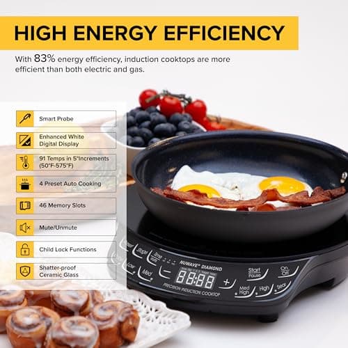 Nuwave Diamond Induction Cooktop, New & Improved Electric Burner with Probe, 91 Temps 50°F to 500°F, 6.5” Heating Coil, Shatter-Proof Ceramic Glass, 3 Wattage Settings, Ideal for Dorms, RVs & Apts view 2