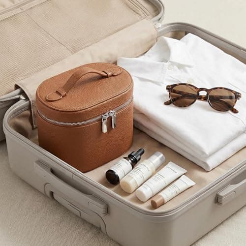 Brown Leather Makeup Bag, Travel Vanity Make up Case with Compartments , Portable Cosmetic Organizer Bags,Toiletry Bag for Women view 4