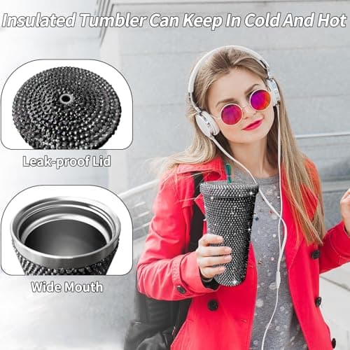 26oz Bling Rhinestone Studded Tumbler with Lid and Straws, Bling Cups Stainless Steel Water Bottle Diamond Glitter Tumbler for Women - Birthday Gifts for Women, Mom,Get Well Soon Gifts (Black) view 3