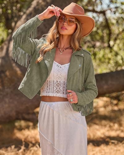 luvamia Fringe Jackets For Women Trendy Cropped Faux Suede Jacket Women | Faux Leather Fall Jackets For Women, Full Lining, Zip Up, Tassel Cowgirl Jacket, Country Concert, Western Outfit For Women view 2