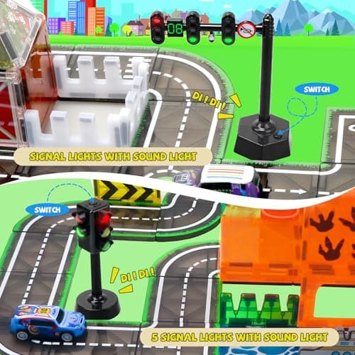 Road Magnetic Tiles with Traffic Light & Cars for Kids Ages 4-8, Boy Toys | Traffic City Center Expansion Set, Pullback Car, Ship, Race Track, Magnet Building Blocks, Preschool Gifts Christmas Toys view 6