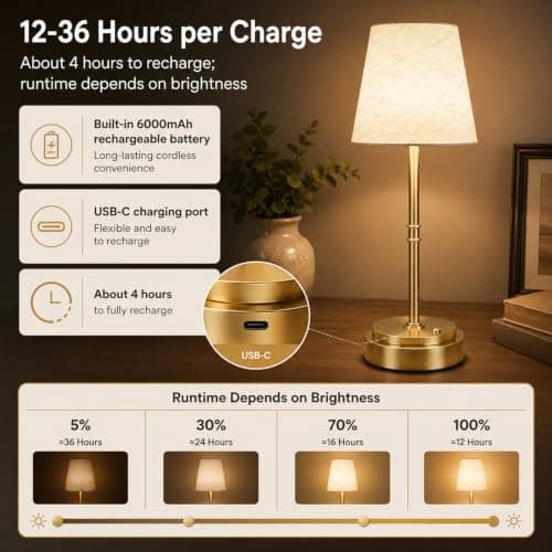 Rechargeable Cordless Table Lamp, Nightstand to End Table,Gold,1 Pack | 6000mAh Battery Operated, 16-Inch Antique Brass Aesthetic, For Kitchen Counter, Bathroom Vanity and Dining Room view 5
