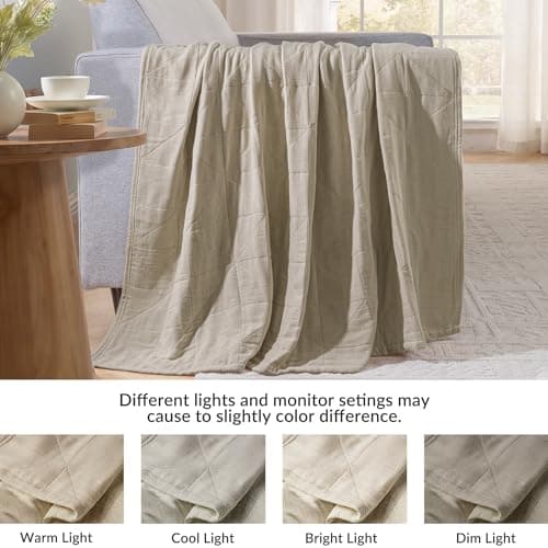 Exclusivo Mezcla 100% Cotton 4 Layers Muslin Blanket Queen Size for Bed, Moisture-Wicking and Breathable Gauze Blanket with Geometric Pattern for Year Round Comfort, 90"x90", Khaki view 6