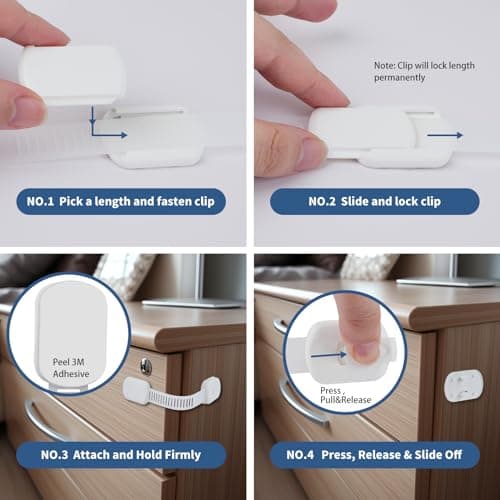 Vkania 12-Pack Baby Proofing Cabinet Locks, Adjustable Adhesive Safety Strap Latches for Cabinets, Drawers, Fridge, Oven & Toilet Seat,No Drill Child Safety Lock Kit, Easy Installation view 6