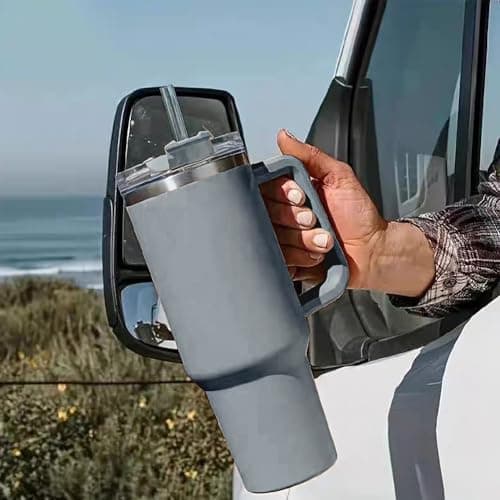 REVGOZU 40 Oz Tumbler with Handle Straw Lid Insulated Stainless Steel Vacuum Reusable Coffee Cup Holder Friendly Keep Drinks Cold Gifts for Lover Women Men Car Gym Travel (Grey) view 2