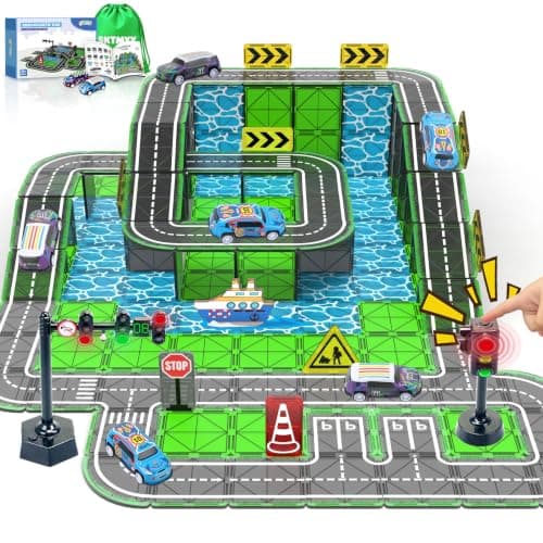 Road Magnetic Tiles with Traffic Light & Cars for Kids Ages 4-8, Boy Toys | Traffic City Center Expansion Set, Pullback Car, Ship, Race Track, Magnet Building Blocks, Preschool Gifts Christmas Toys — image 1