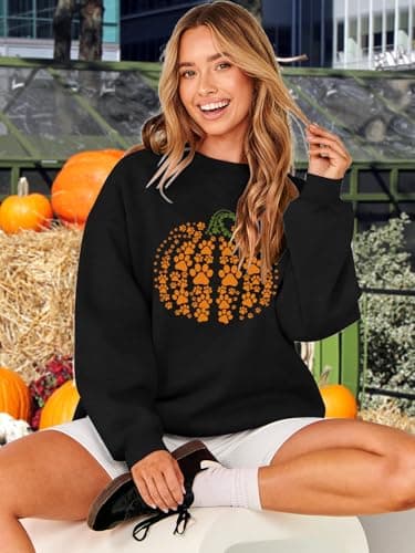 Urvatac Fall Sweatshirt for Women Pumpkin Dog Paw Pullover Thanksgiving Pumpkin Graphic Long Sleeve Shirt Tops view 3