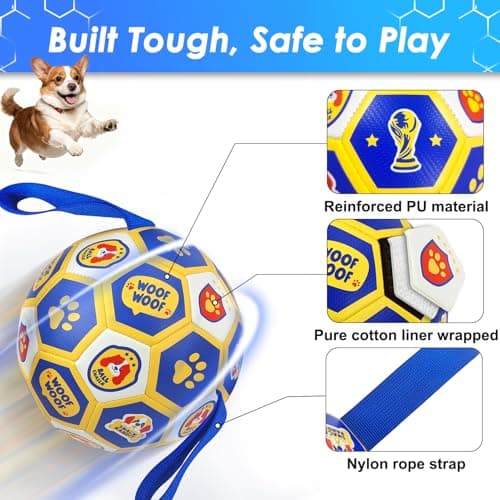 Vivifying Dog Toys Balls, Interactive World Cup Soccer Ball for Small Medium Dogs, Durable PU Enrichment Training Toy with Straps for Indoor and Outdoor Tug-of-War & Playing (6 Inches) view 3