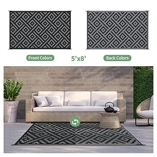 GENIMO Outdoor Rug for Patio Clearance,5'x8' Waterproof Mat,Reversible Plastic Camping Rugs,Rv,Porch,Deck,Camper,Balcony,Backyard,Black & Gray view 2
