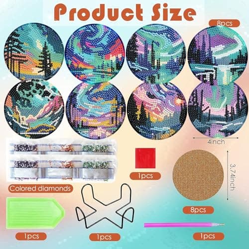 ijbnhd 8 Pcs Aurora Diamond Art Coasters Kits, Landscape Diamond Painting Coasters Kit with Holder, Diamonds Art Non Slip Coaster Crafts Kits for Adults Gifts 4x4 inch (Cork Wooden Pad) view 3
