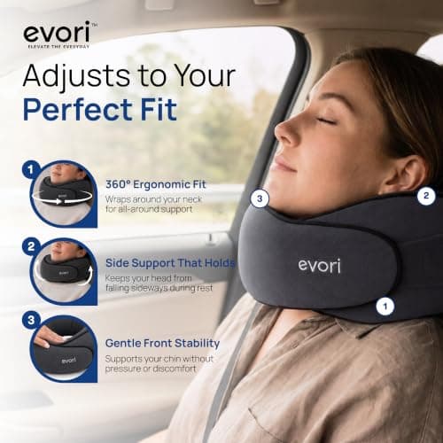 evori Memory Foam Travel Neck Pillow, 360° Support for Airplane & Car | Memory foam travel neck pillow with 360° head and chin support, adjustable closure, washable cover and travel bag. view 4