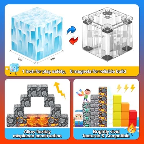 Gooidea Large Magnetic Blocks 110PCS Ice Fire World Inspired Playset Kids Magnet Toys 1 inch Building Cubes Magworld Add-on Building Craft Sensory Toys Game Gifts for Kids Ages 3-5 4-6 5-7 8-12 view 3
