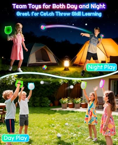 Elecdemic 3D LED Light Up Toss Catch Paddle Ball Game Set Glow Dark Toys | halloween,christmas,Baseball Gifts,Camping,Outdoor,Yard,Birthday,Glow Dark,Sticky,Age 5+ Year,Boy,Girl,Kid,Adult,Family view 3