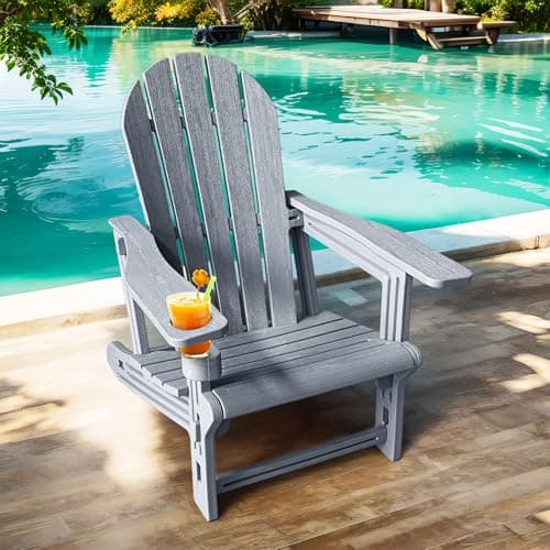 Adirondack Chair with Cup Holder,Tool-Free Assembly,No Screws Needed,All-Weather HDPE Plastic Outdoor Patio Chair,Wood-Grain Slatted Look,Easy to Take Apart for Storage,Fire Pit Chairs(Stone Grey) view 5