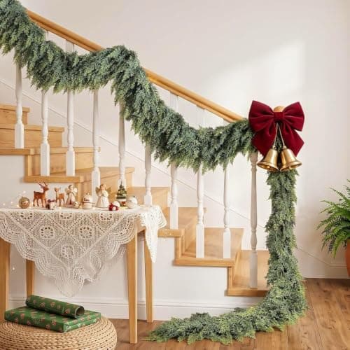 9Ft Christmas Cedar Garland, Real Touch Soft Greenery Christmas Decorations, Realistic Thick Full Lush Artificial Garland, Fireplace Mantel Staircase Railing Front Door Porch Window Indoor Home Decor view 5