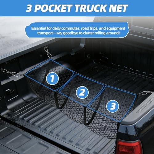3 Pocket Truck Bed Cargo Net, Heavy Duty Truck Bed Storage Organizer with Super-Stretch Elastic,Universal Cargo Netting for Pickup Trucks SUV RV – Fits Ford F-150 Toyota Tacoma Chevrolet Silverado view 3