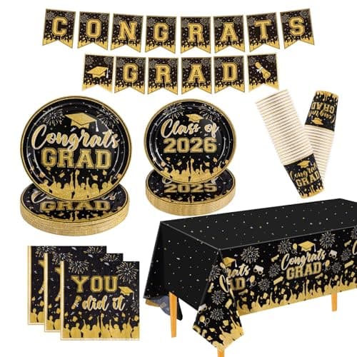 NatNarr Graduation Decorations 2026, Black Gold Graduation Party Supplies Include Class Of 2026 Grad Plates Napkins Cups Tablecloth Congrats Grad Banner for Middle College High School, Serve 25 Guest — image 1