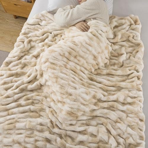WDCOZY Ruched Faux Fur Throw Blanket Soft Cozy Fluffy Luxurious Blankets Couch Bed Sofa Chair Home Decor Warm Furry Fall Winter Plush Rabbit Fur Bubble Blanket 50" x 60", Caramel Beige Camel Neutral view 4