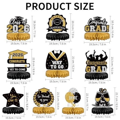 10Pcs Graduation Decorations 2026 Class of 2026 Congrats Grad Table Centerpieces Congratulate Graduation Honeycomb Table Toppers for Graduation Party Supplies 2026 Graduation Party Decorations Black view 3