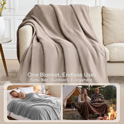 WDCOZY 420GSM Thick Flannel Fleece Throw Blanket, 50"x60", Beige | Suitable for 5-25°C (41-77°F), Ultra-soft Cozy Fluffy Flannel, Reversible & Breathable, All Season Use for Couch Sofa Bed. view 6