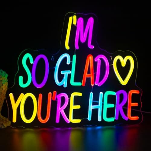 I'm So Glad You're Here Neon Sign, Letter Neon Signs for Wall Decor Dimmable Light up Sign, Classroom Wedding Kids Room Store Home Neon Decor 14.17 x 12.2 inch — image 1