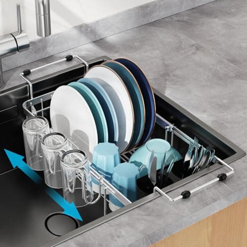 GSlife Small Sink Dish Drying Rack with Cup Holder - Expandable Stainless Steel Compact Dish Drainer for RV, Camper, Kitchen, Dish Strainer with Locking Knob, Fit Sink 11.9"-16.7" L, Silver view 1