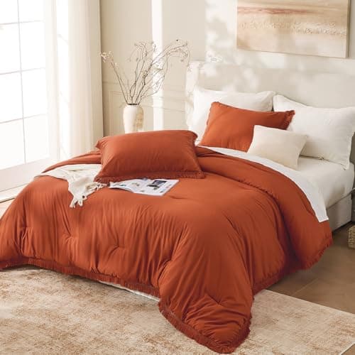 Andency King Size Comforter Set Burnt Orange, 3 Pieces Boho Terracotta Soft Lightweight Bedding Comforter Sets, Rust Tassel All Season Bed Set (104x90In Comforter & 2 Pillowcases) view 6