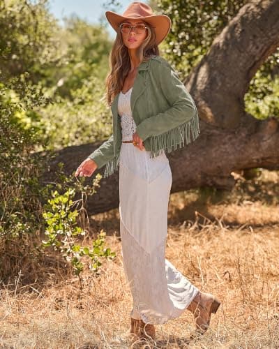 luvamia Fringe Jackets For Women Trendy Cropped Faux Suede Jacket Women | Faux Leather Fall Jackets For Women, Full Lining, Zip Up, Tassel Cowgirl Jacket, Country Concert, Western Outfit For Women view 5