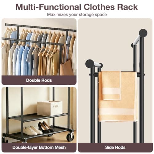 Portable Clothes Rack Rolling Garment Rack with Wheels 26OLBS Black view 5
