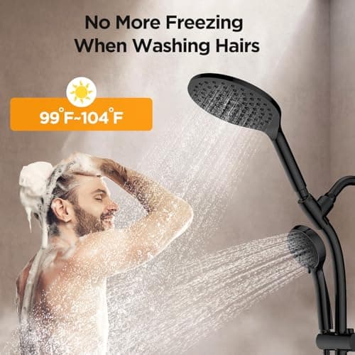 MakeFit Drill-free Dual Shower Head with Handheld Combo Rainfall Shower Head Easy Reach 3-way Diverter Stainless Steel Slide Bar with Height Adjustable Holder Adjustable Rain Showerhead (Black) view 4