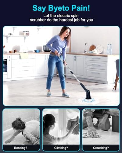 Shower Scrubber with Long Handle for Cleaning Bathroom, Electric Spin Scrubber Cleaning Brush with IPX7 Waterproof & 2Speed, 3Brush Heads, Bathroom Cleaning Supplies for Shower Tub Tile Toilet, Black view 3