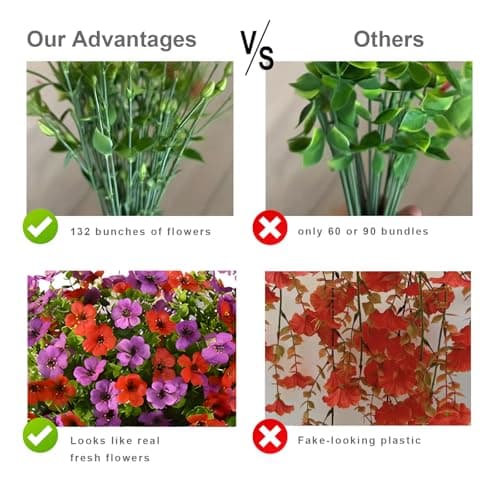 Artificial Fake Flowers Plants for Outdoors, 2 PCS UV Resistant Faux Silk Daisy with Eucalyptus Leaves Hanging Flowers for Home Garden Balcony Yard Porch Decor(Purple Red) view 3