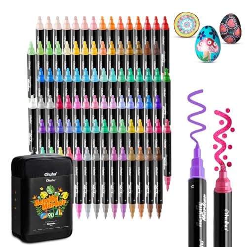 Ohuhu Acrylic Paint Pens 90 Colors: Dual Tips (Round & Fine) Acrylic Markers High Opacity Paint Markers Waterproof Lightfast for Rock Painting Easter Eggs Wood Glass Ceramic Canvas - Kakaako