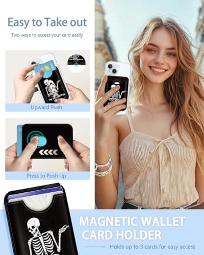 Mavellin for Magsafe Magnetic Phone Wallet, Skeleton Magnetic Credit Card Holder Case, Slim RFID Vegan Leather Skull Magnet Wallet Women, Stick on Back for iPhone 16 15 14 13 12 Pro Promax, 3 Cards view 2
