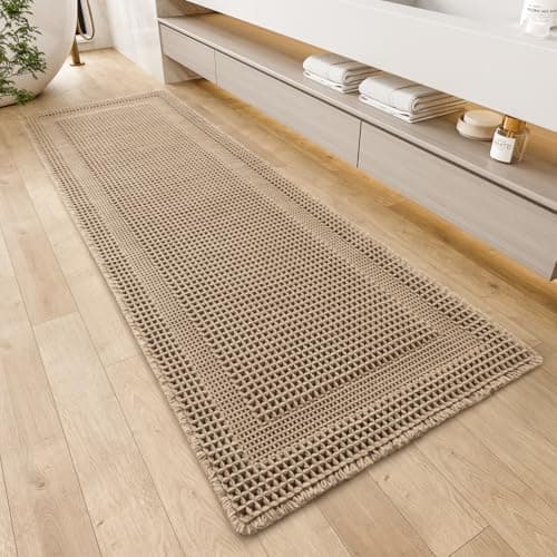 AMOAMI Waffle Bath-Mat, Absorbent Bath Mats for Bathroom Non Slip, Machine Washable Bathroom Rugs with Tassels Ultra Soft Boho Bath Rugs for Floor 2'x4'(24"x48") Beige view 1