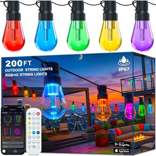 Outdoor String Lights,200FT Smart RGB+IC Patio Lights with Shatterproof LED Bulbs ,Outside Light Dimmable Patio for Decor DIY IP67 Waterproof ,Courtyard, garden,Holiday,LED lights more Scene Modes view 1