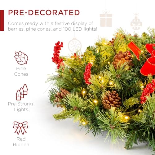 Best Choice Products 30in Pre-Lit Battery Powered Christmas Wreath Artificial Pre-Decorated Holiday Accent w/ 100 Lights, 276 PVC Tips, Ribbons, Pine Cones view 4