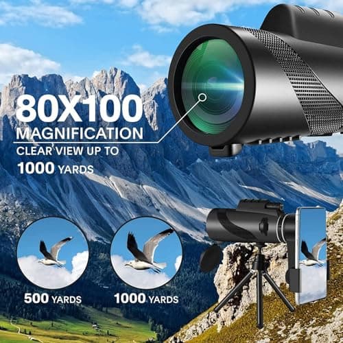 80x100 High‑Powered Monocular Telescope HD Portable Monocular for Adults with Phone Adapter Ideal for Bird Watching Wildlife Travel Camping Hiking‑Black view 2