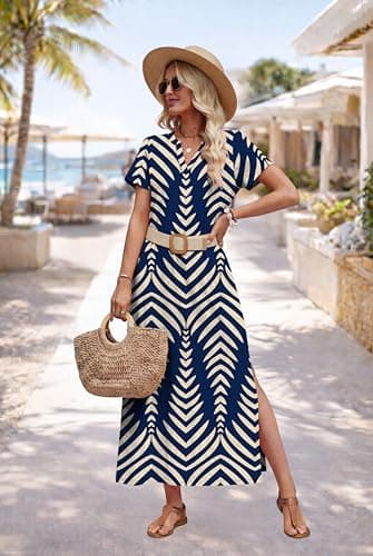 OFEEFAN Summer Dresses for Women 2026 Maxi Dress Short Sleeve Sundresses with Pockets Beach Vacation Spring Outfits view 3