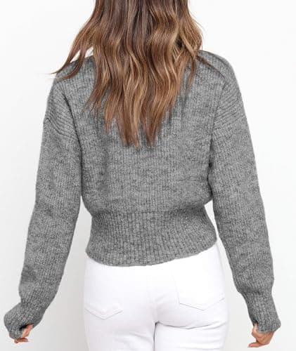 Okiwam Women's Long Sleeve Cropped Sweaters Casual Knit Pullover Tie Front Crew Neck Fall Outfits Spring Fashion Clothes 2026 view 3