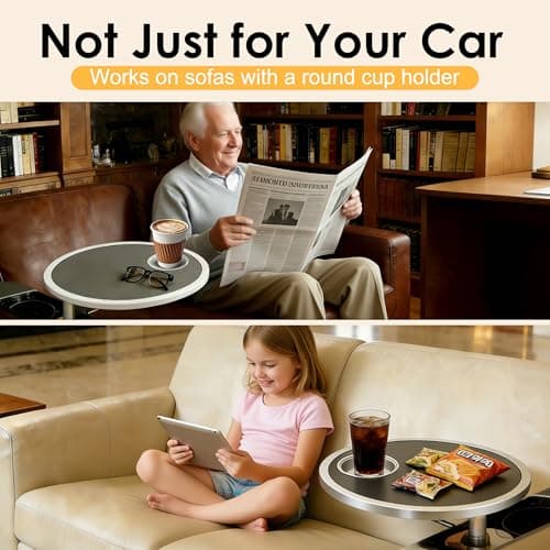 Car Food Tray & Car Table Tray with Car-Grade Aluminum Cup Holder & Phone Stand, Premium Wood with Leather Surface, 360° Rotating Car Desk for Laptop &Eating (Round, Black) view 4