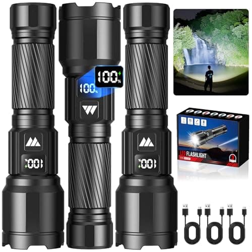 3 Pack Rechargeable Flashlights High Lumens, Super Bright LED Tactical Flashlight with LCD Power Display, Zoomable Flashlights 15H+ Runtime, IP65 Waterproof Flashlights for Home Emergency Camping