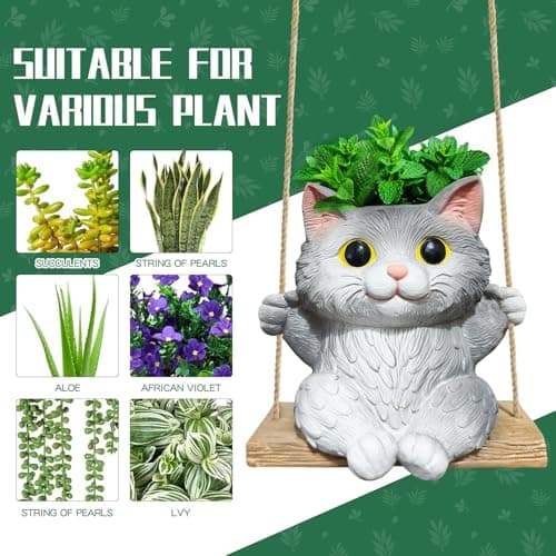 Pyoimmne Cat Hanging Planters for Indoor Outdoor Plants, Small Cute Hanging Pots for Succulent, String of Pearls Plant, Resin Hanging Flower Pots with Drainage Hole, Unique Gift, Garden Home Decor view 4